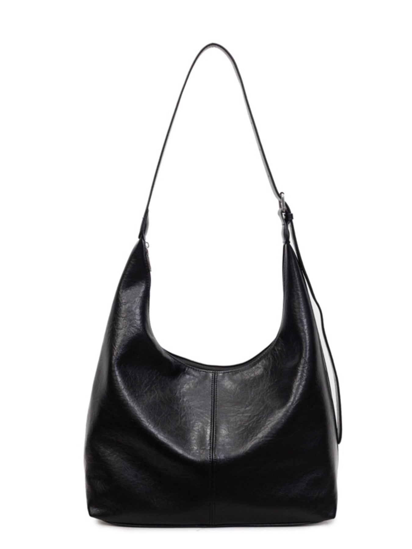 Black faux leather shoulder bag with adjustable strap and top stitching detail.