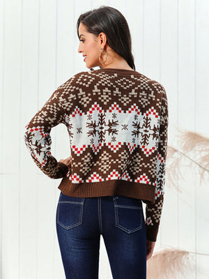 Geometric snowflake knit sweater in chestnut brown acrylic with a crew neck and long sleeves.
