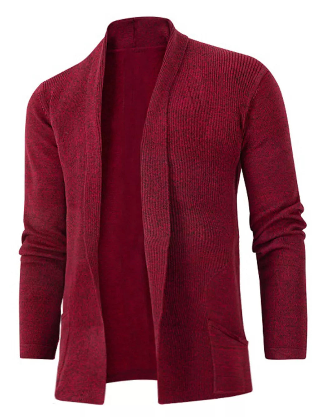 Men's classic open-front cardigan in wine red with ribbed texture and side pockets.