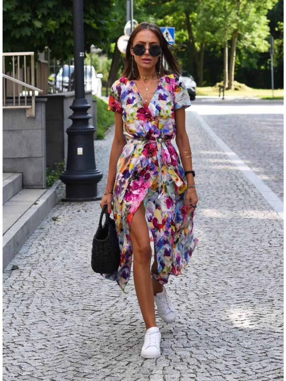 Floral Surplice Midi Dress With Tie Waist