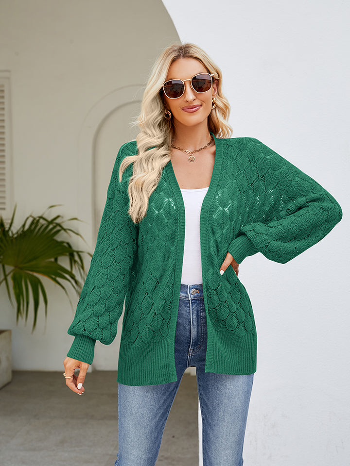 Mid Green open-knit cardigan with balloon sleeves and diamond pattern.