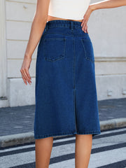 Dark blue denim midi skirt with panel seams and back pockets.