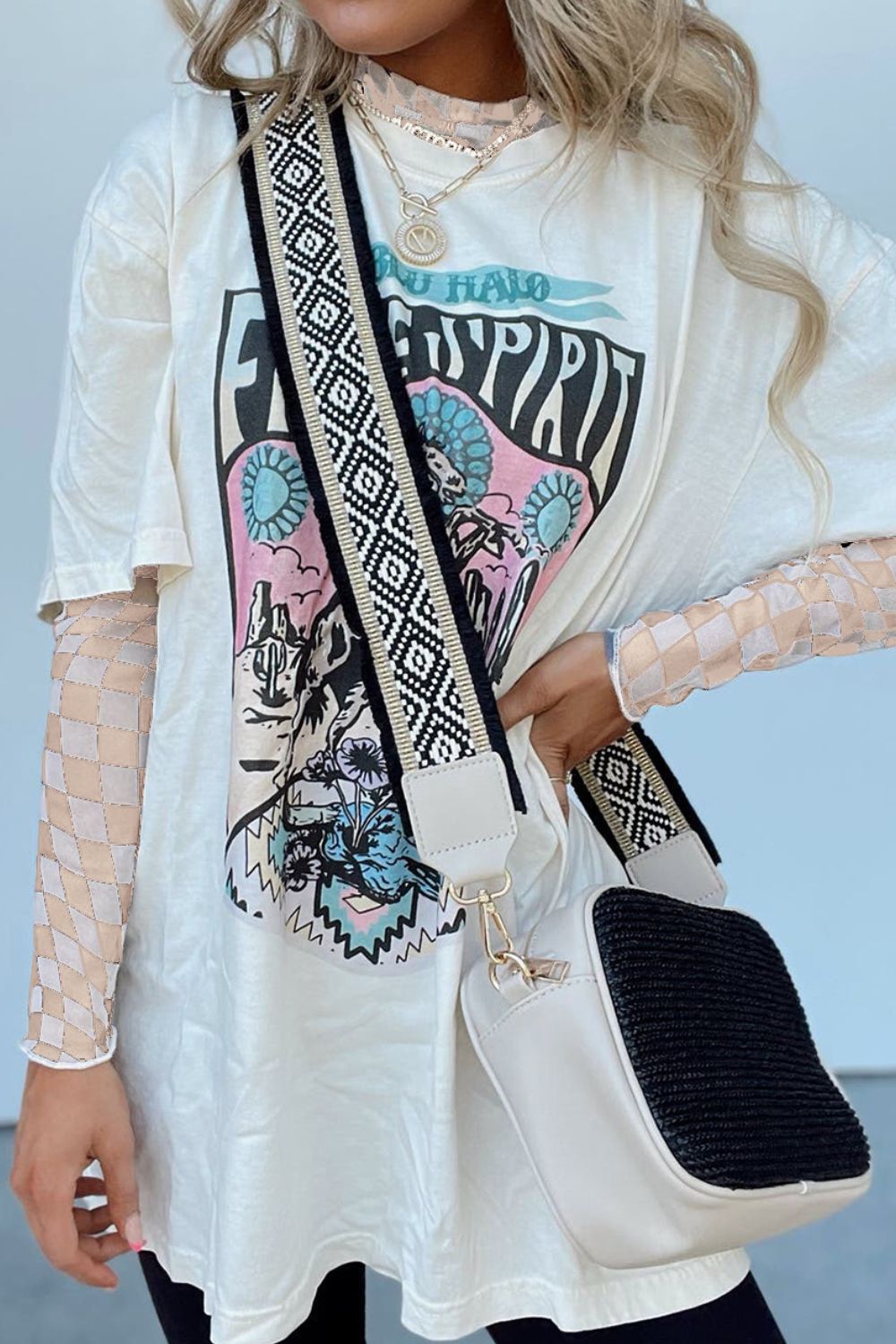 Optical Illusion Checkered Mesh Top in beige with a graphic print t-shirt and crossbody bag.