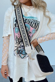 Optical Illusion Checkered Mesh Top in beige with a graphic print t-shirt and crossbody bag.