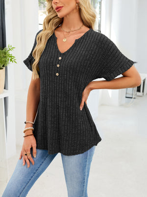 Black ribbed knit short sleeve t-shirt with V-neck and decorative buttons.