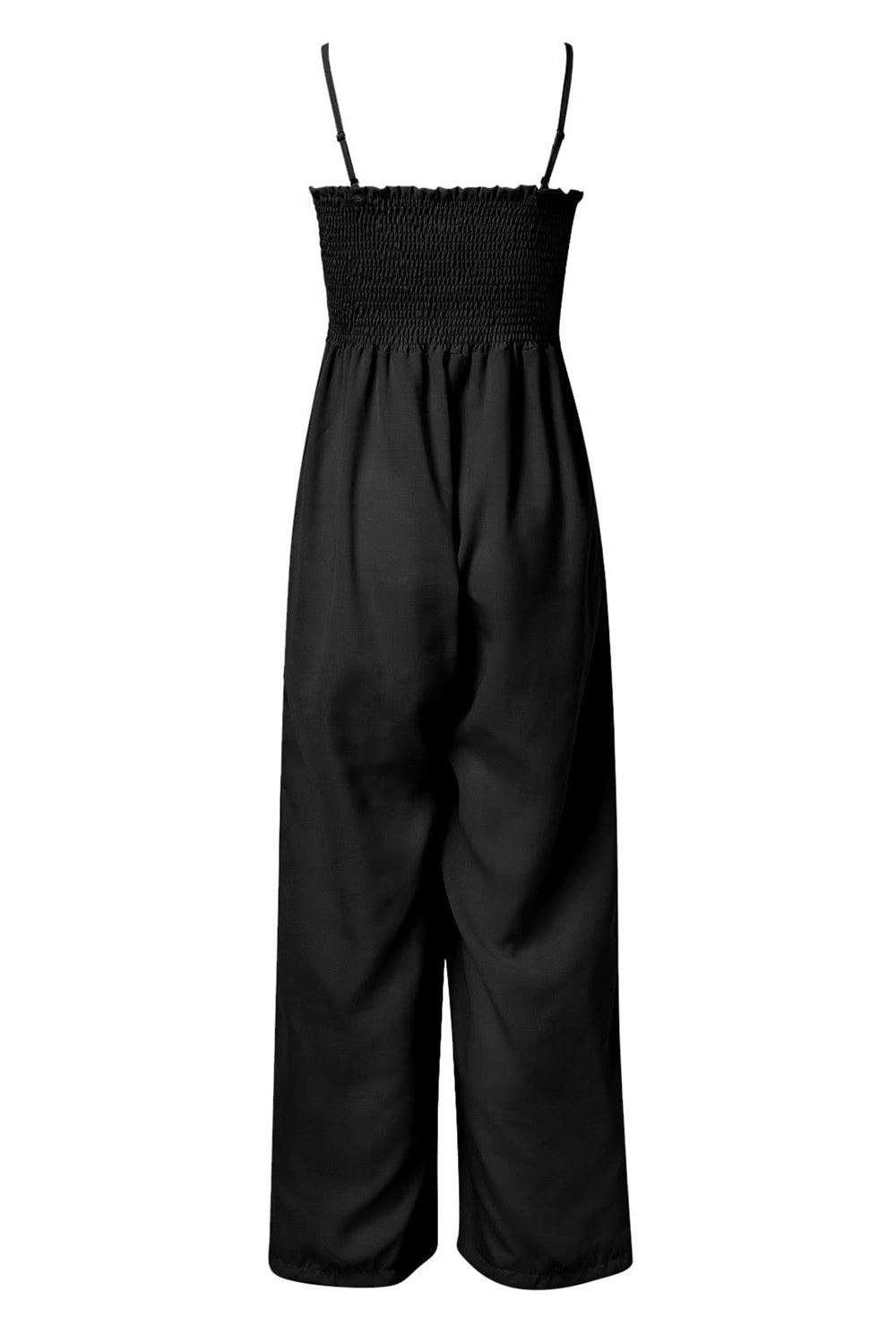 Black smocked bodice palazzo jumpsuit with adjustable spaghetti straps and wide legs.