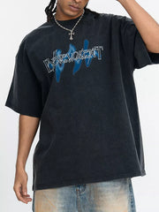 Crew-neck Graphic Oversized Vintage Top in Washed Black, close-up detail