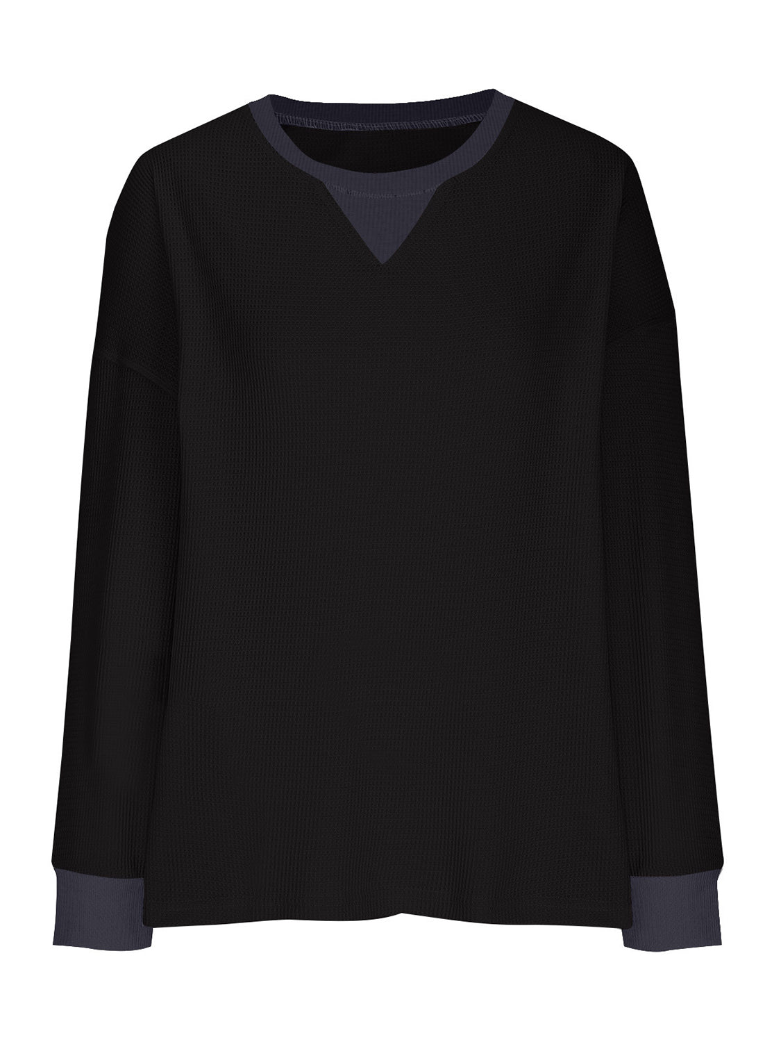 Black waffle knit raglan sleeve sweatshirt with contrast V-neck detail and cuffs.