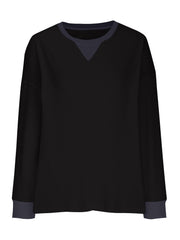 Black waffle knit raglan sleeve sweatshirt with contrast V-neck detail and cuffs.