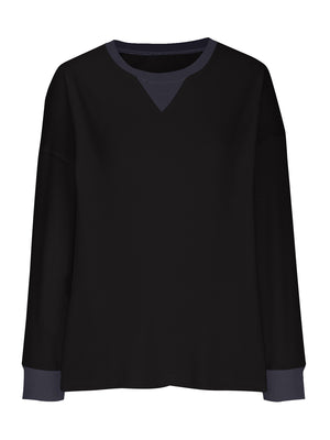 Black waffle knit raglan sleeve sweatshirt with contrast V-neck detail and cuffs.