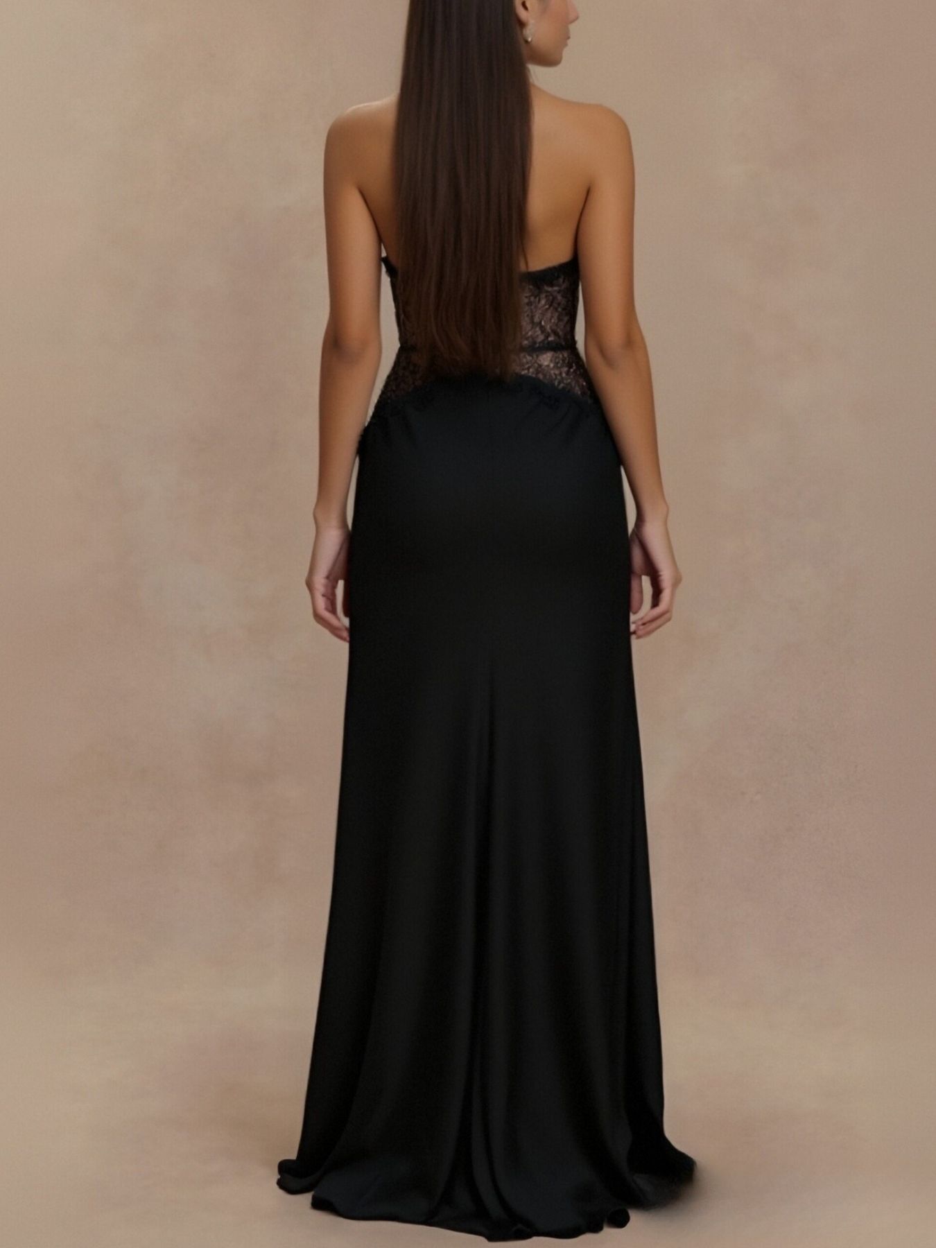 Black lace trim halter neck maxi dress with a flowing skirt.