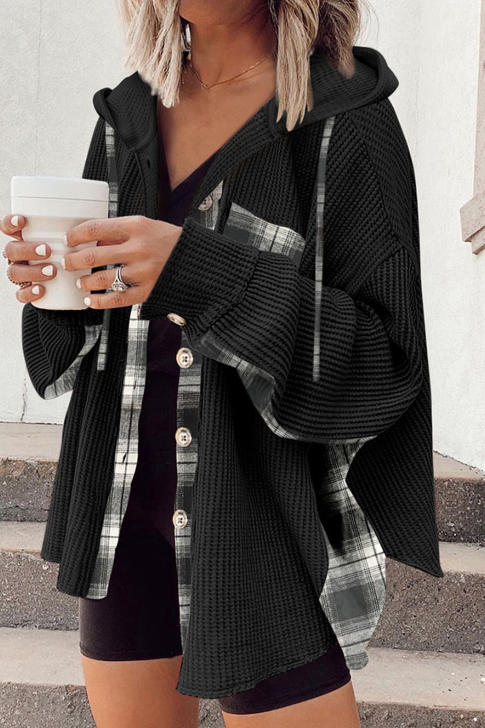 Black waffle knit shacket with plaid trim and hood, button front, casual style