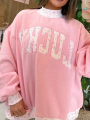 High Neck Floral Patch Embroidery Sweatshirt in Blush Pink, close-up detail