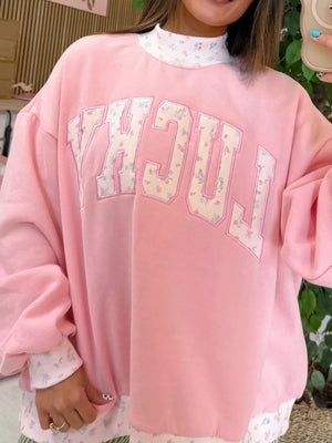 High Neck Floral Patch Embroidery Sweatshirt in Blush Pink, close-up detail