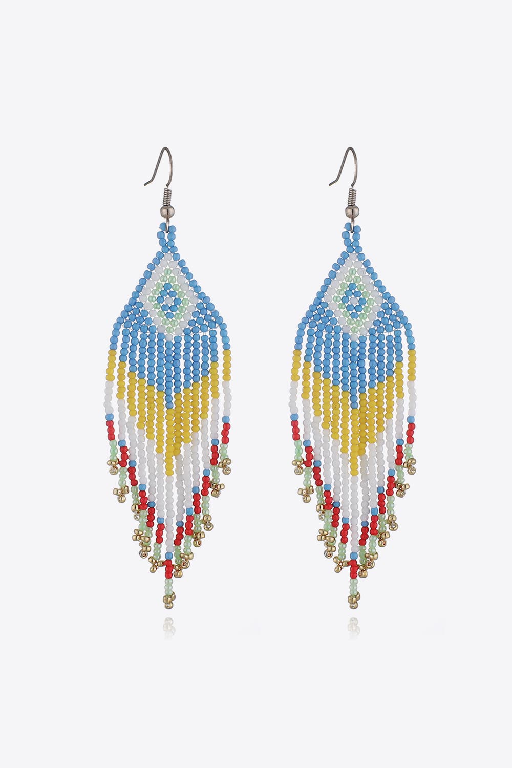 Beaded diamond fringe earrings in blue, yellow, white, red, green, and gold beads.