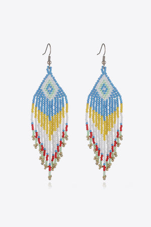 Beaded diamond fringe earrings in blue, yellow, white, red, green, and gold beads.