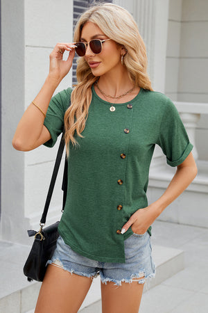 Green asymmetric button-up tee with short sleeves and a rounded neckline.