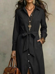 Tie Waist Long Sleeve Shirt Dress Plus Size in Red, model styling view