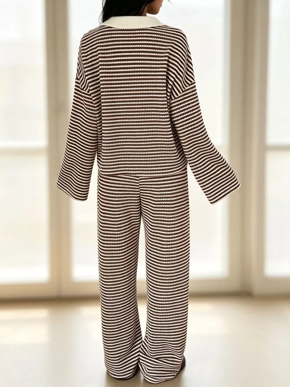 Striped Long Sleeve Polo And Wide-leg Pants Set in Green, view 21