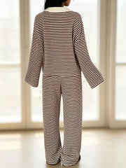 Striped Long Sleeve Polo And Wide-leg Pants Set in Green, view 21