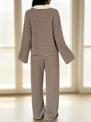 Striped Long Sleeve Polo And Wide-leg Pants Set in Green, view 21