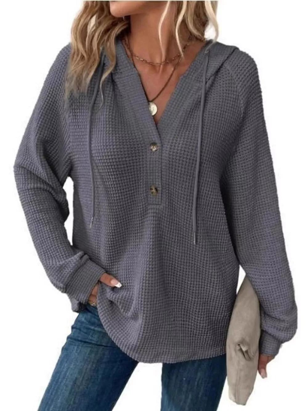 Full Size Waffle Knit Half-button Hoodie Plus Size in Black, fabric detail