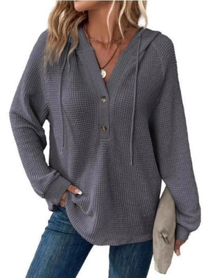 Full Size Waffle Knit Half-button Hoodie Plus Size in Black, fabric detail