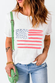 White crewneck tee with painted American flag graphic and rolled sleeves.