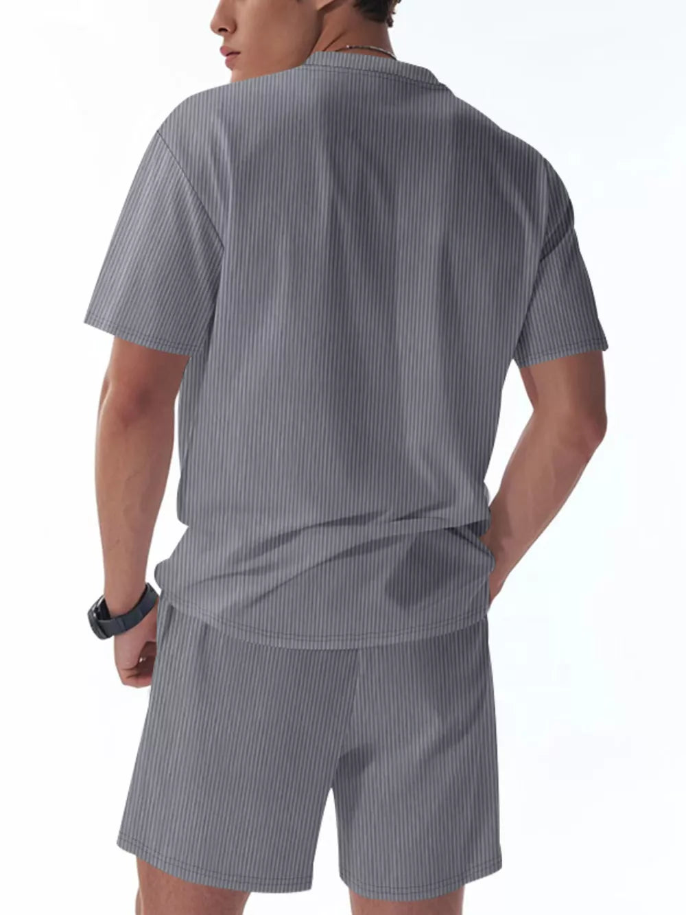 Men's relaxed fit two-piece set in light gray with vertical pinstripes.