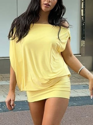Yellow off-shoulder ruched mini dress with draped sleeves and a fitted skirt.