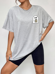 Grey graphic t-shirt with a coffee ghost design on the chest, crew neck, short sleeves.
