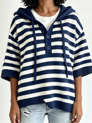 Striped Hooded Sweater With Button Detail in Blue, view 13