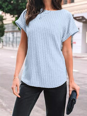 Light blue ribbed knit maternity t-shirt with cuffed short sleeves and a rounded neckline.