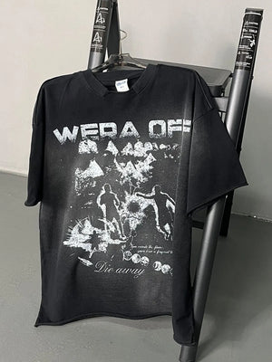 Black distressed graphic tee with "Wera Off" text and distressed figures.