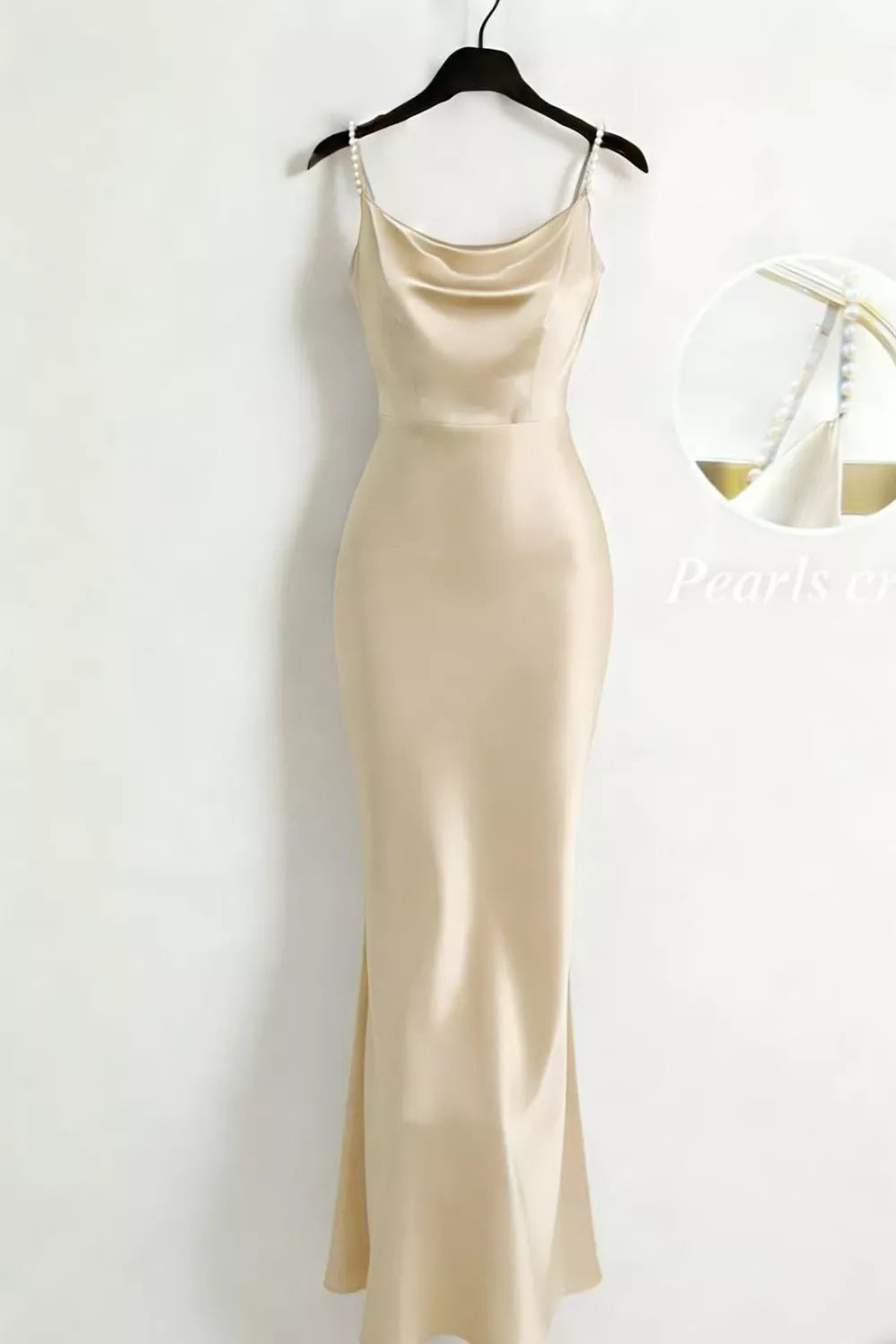 Satin maxi dress in Khaki with cowl neck and pearl-embellished straps.