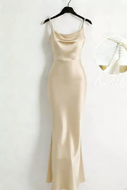 Satin maxi dress in Khaki with cowl neck and pearl-embellished straps.