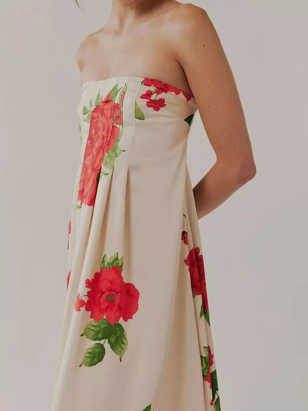 Ivory floral maxi dress with gathered bodice and red rose print