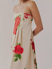 Ivory floral maxi dress with gathered bodice and red rose print
