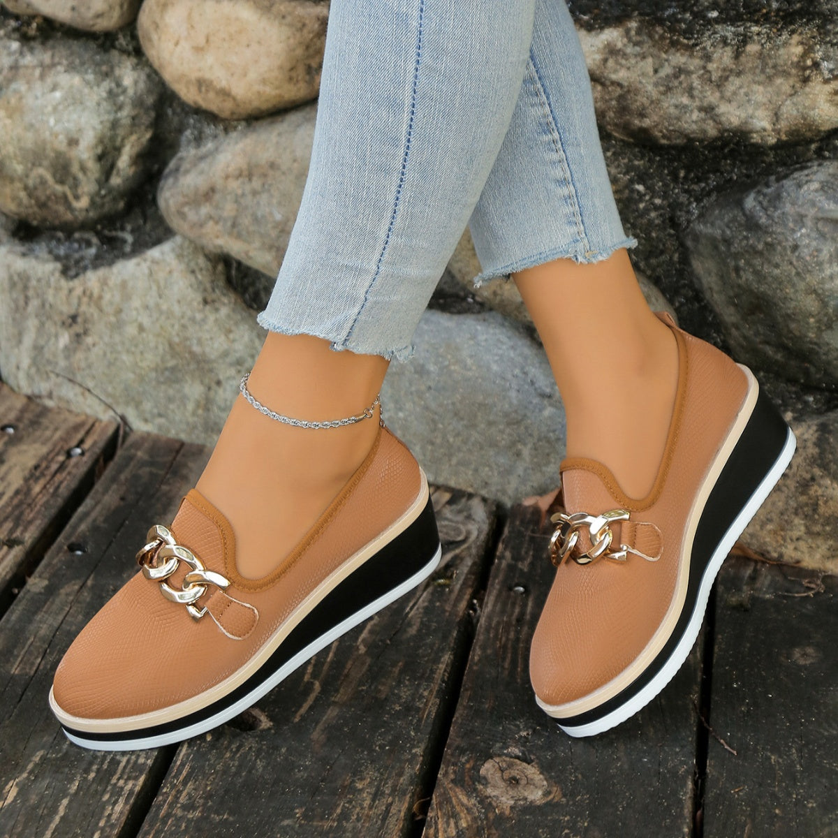 Brown chain decor wedge loafers with a textured finish and multi-layer sole.