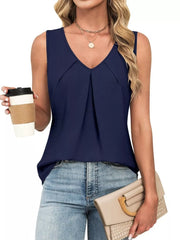 Navy blue V-neck tank top with pleated detail and textured fabric.