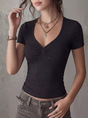 Black V-neck t-shirt with subtle sparkle detail and ruched front.