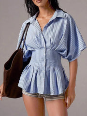 Sky blue striped cinched waist maternity shirt with button-down front and dolman sleeves.
