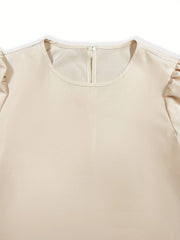 Beige cropped puff-sleeve top with round neckline and back zipper detail.