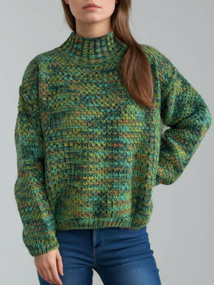 Textured mélange mock neck sweater in dark green with multicolor flecks, acrylic knit.