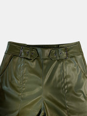Moss faux leather palazzo trousers with belted waist and buckle detail