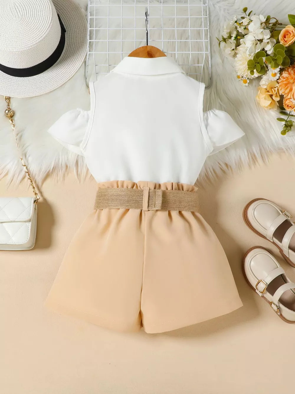 Toddler cold-shoulder ruffled set with belted shorts in khaki.
