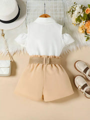 Toddler cold-shoulder ruffled set with belted shorts in khaki.