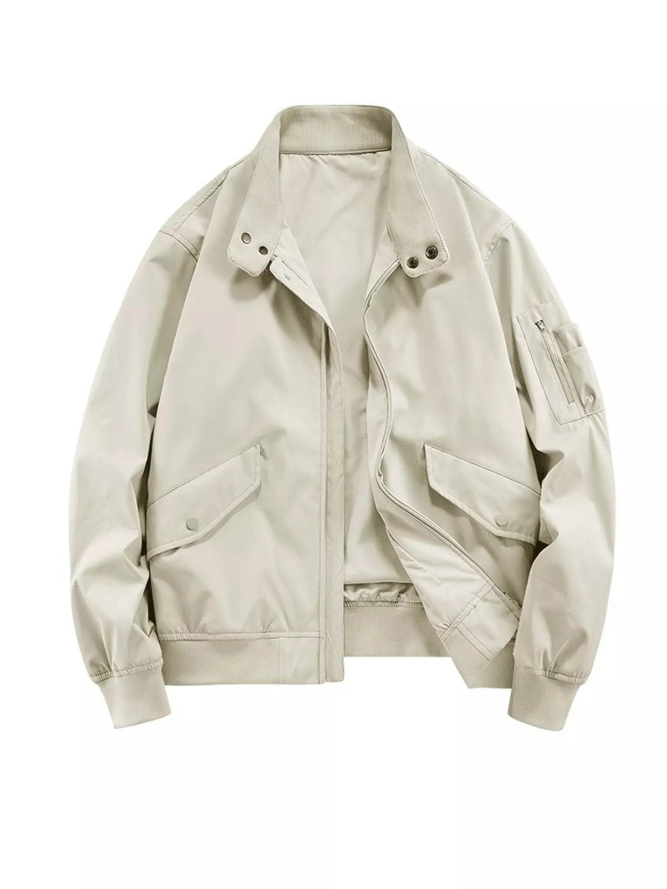 Beige gray lightweight zip bomber jacket with snap-flap pockets and zippered sleeve pocket.
