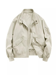 Beige gray lightweight zip bomber jacket with snap-flap pockets and zippered sleeve pocket.