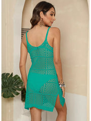 Teal openwork crochet knit cover-up dress with side slits and spaghetti straps.